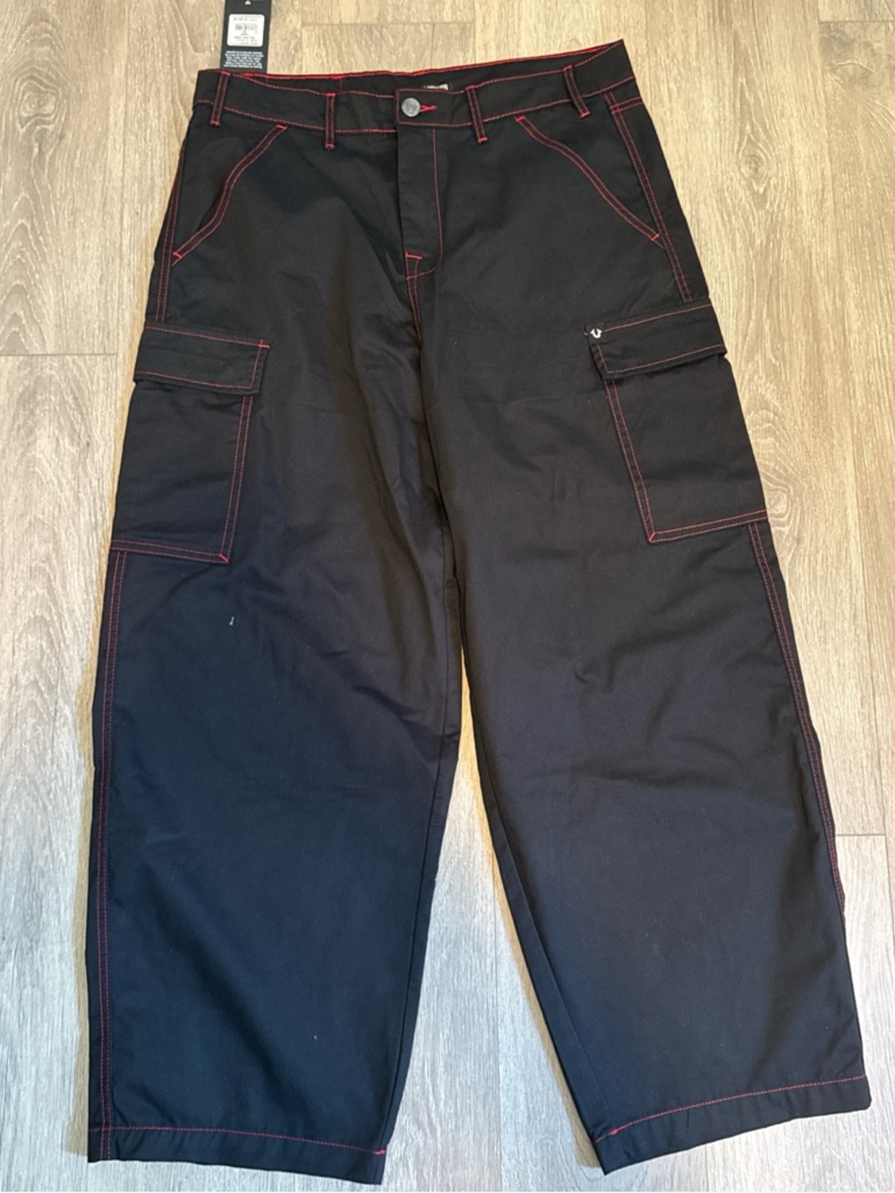 Men's Black Cargo Pants with Red Contrast Stitching